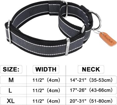 Нашийник для собак Martingale, 4 см, міцний нейлон 1600D, анти-вислизання, 3 кольори, для середніх та великих собак, розмір M, сіро-блакитний & чорний, обхват 36-53 см