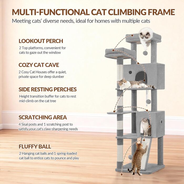 Котячий будиночок Kratzbaum 178 см, великий, сірий. Стабільний з когтеточками, лежаками, платформами та іграшками. FPMS005FG1