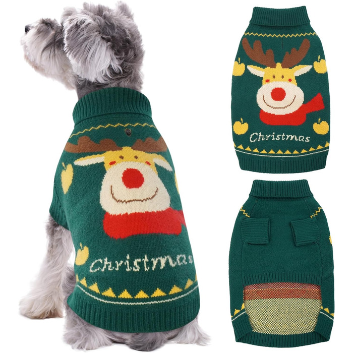 Пуловер для собак Kuoser на Новий Рік, теплий в'язаний пуловер для цуценят, м'який зимовий одяг для собак, святковий пуловер з оленем для маленьких та середніх собак, зелений L, зелений