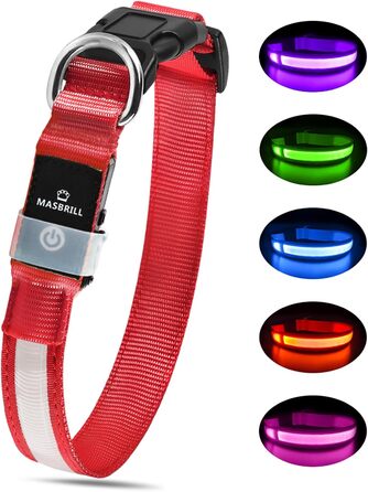 Світловідбиваючий нашийник для собак ASBRILL з LED-підсвічуванням, USB-C, водонепроникний, регульований, 3 режими світла, для собак малого, середнього та великого розміру (L, ЧЕРВОНИЙ)